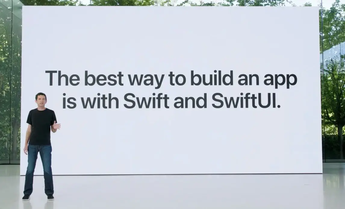 A screenshot from WWDC keynote stating "The best way to build an app is with Swift and SwiftUI"