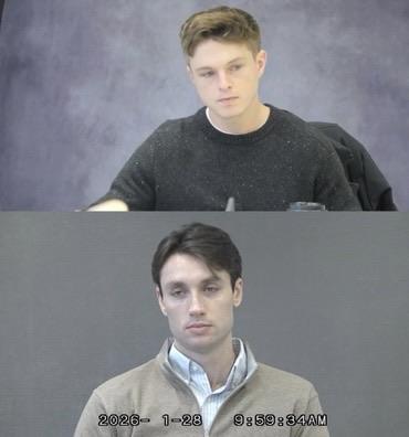 Two panel photo 1 young white man in sweater. Short light hair. Blue background. 2. Young white man in zip down sweater And button up. Dark hair. Gray background.