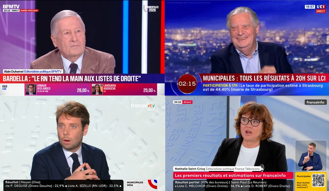 Capture d'écran sur BFM: Alain Duhamel, LCI Patrice Duhamel, France Télé Benjamin Duhamel et Franceinfo Nathalie Saint-Cric Duhamel