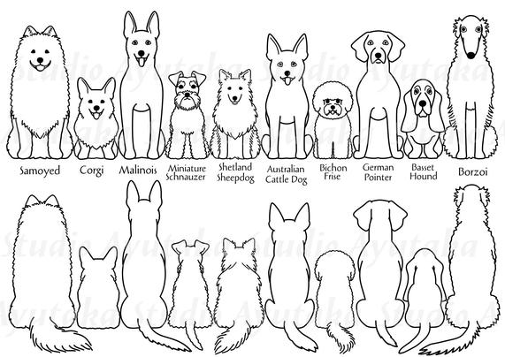 set of cartoon lineart of dogs, from front and back.