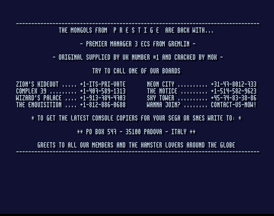 Screenshot of "Premier Manager 3" - Crack: Prestige (PSG) - Published by Gremlin on Commodore Amiga (1994)