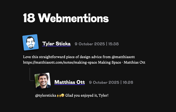 A screenshot of a Webmention with another Webmention below. The second Webmention is a reply to the first one, so it appears slightly indented and with a line that suggests that this is a reply that belongs to the first mention.