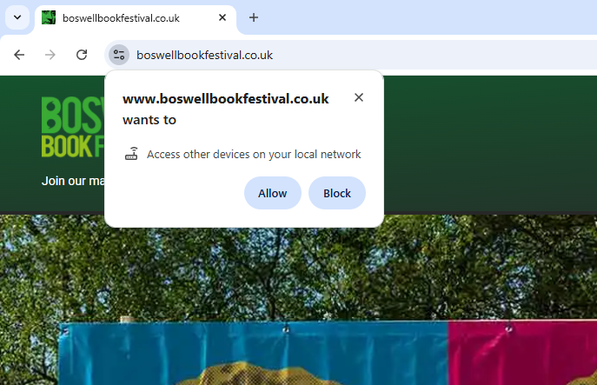 Screenshot of a website saying "www.boswellbookfestival.co.uk wants to access other devices on your local network". 