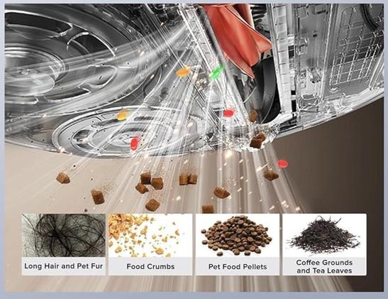 Long Hair and Pet Fur, Food Crumbs, Pet Food Pellets, Coffee Grounds and Tea Leaves. Robot Vacuum sucking up debris.