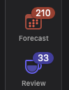 A section of the OmniFocus side rail with "Forecast (210)" and Review (33)" icons