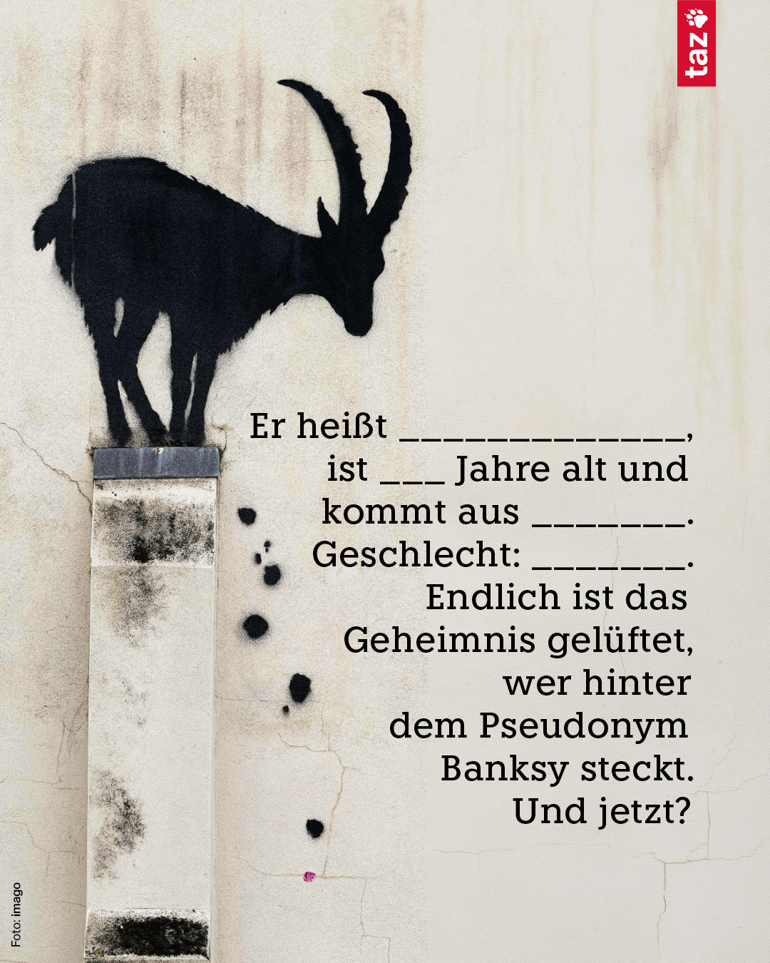 Ein Banksy-Kunstwerk zeigt einen Steinbock, der von einem Podest kackt. Dazu der Text: Er heißt _____________, ist ___ Jahre alt und kommt aus _______. Geschlecht: _______. Endlich ist das Geheimnis gelüftet, wer hinter dem Pseudonym Banksy steckt. Und jetzt?