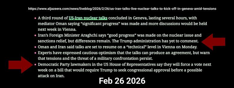 Here’s what happened today
Feb 26 2026
Here’s a look at the day’s main developments:
A third round of US-Iran nuclear talks concluded in Geneva, lasting several hours, with mediator Oman saying “significant progress” was made and more discussions would be held next week in Vienna.
Iran’s Foreign Minister Araghchi says “good progress” was made on the nuclear issue and sanctions relief, but differences remain. The Trump administration has yet to comment.
Oman and Iran said talks are set to resume on a “technical” level in Vienna on Monday.
Experts have expressed cautious optimism that the talks can produce an agreement, but warn that tensions and the threat of a military confrontation persist.
Democratic Party lawmakers in the US House of Representatives say they will force a vote next week on a bill that would require Trump to seek congressional approval before a possible attack on Iran.
https://www.aljazeera.com/news/liveblog/2026/2/26/us-iran-talks-live-nuclear-talks-to-kick-off-in-geneva-amid-tensions
