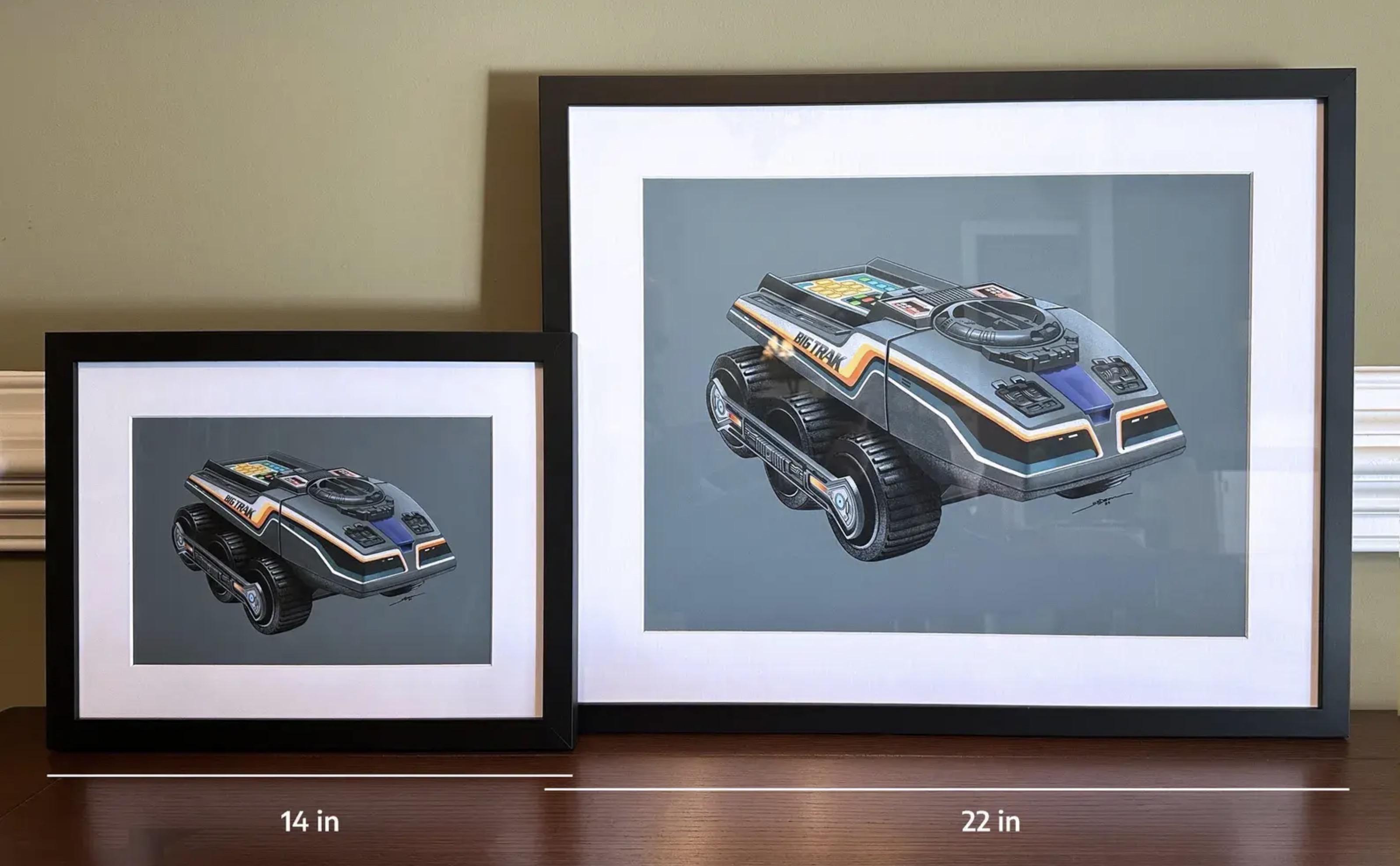 Two framed hand drawn, illustrations of a classic Milton Bradley electronic Big Trak toy I sell on my Etsy site