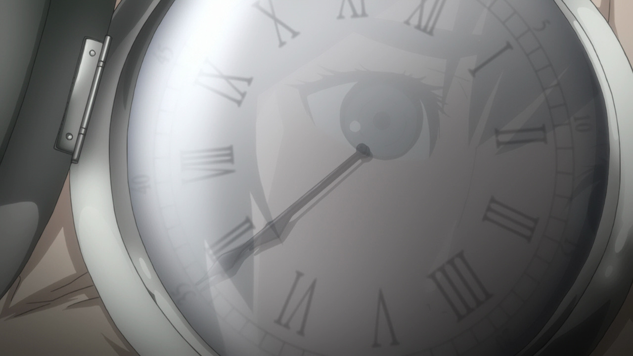 A pocket watch with the reflection of a girl (Mayuri) who is looking at it.