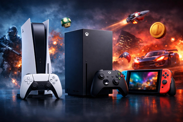 consoles-gaming-ps5-xbox-series-x-nintendo-switch-setupmedia
– Consoles gaming PlayStation 5, Xbox Series X et Nintendo Switch dans un univers gaming immersif et futuriste