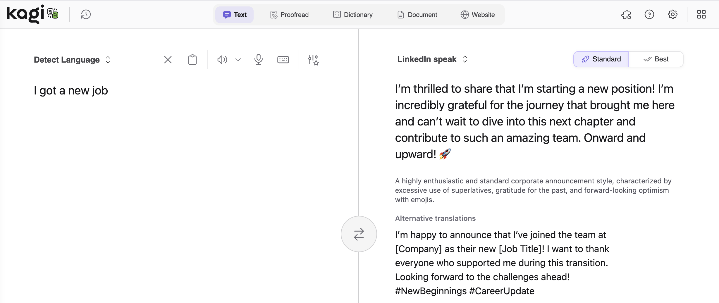 Screenshot of Kagi's translation tool translating "I got a new job" into "LinkedIn speak," producing an overly enthusiastic corporate-style announcement with superlatives, gratitude, and a rocket emoji.