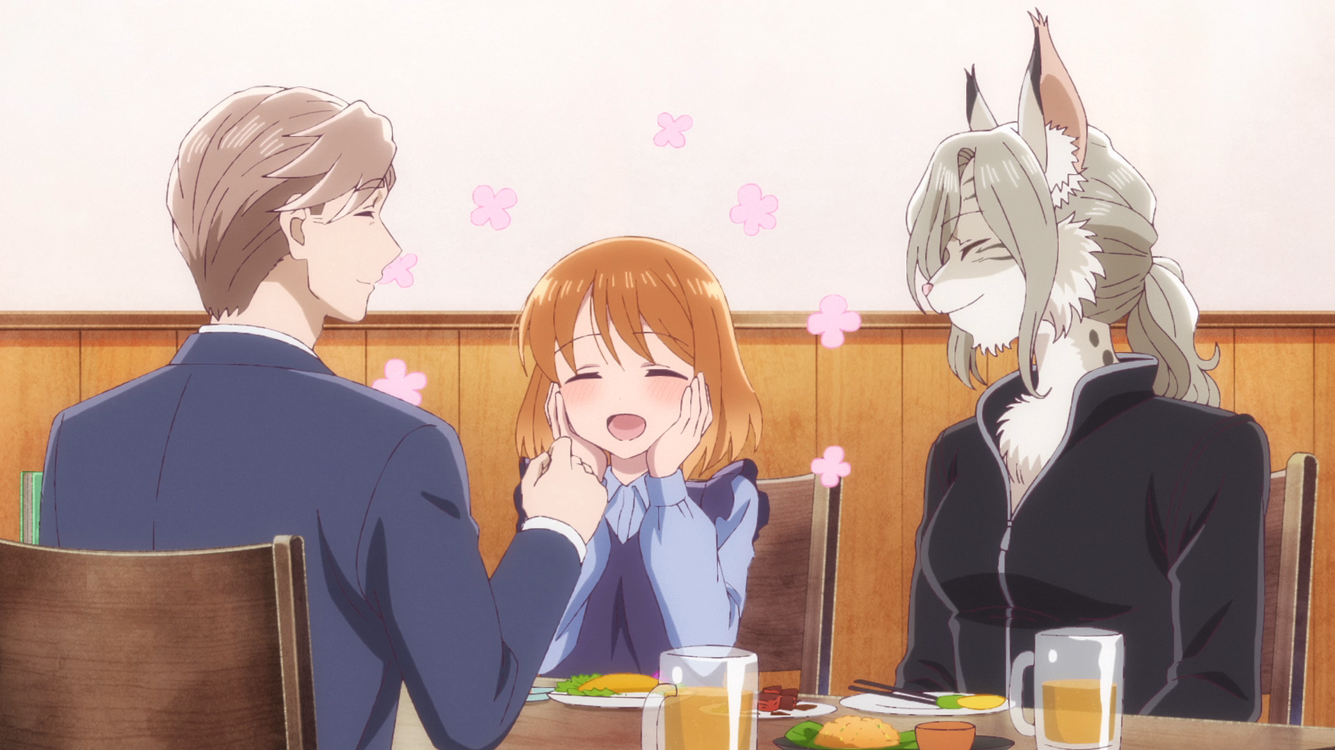 A group of three sitting at a table. One is a normal looking man in a suit. Another is a normal looking woman with a beaming expression. The third is a humanoid lynx/human hybrid woman.