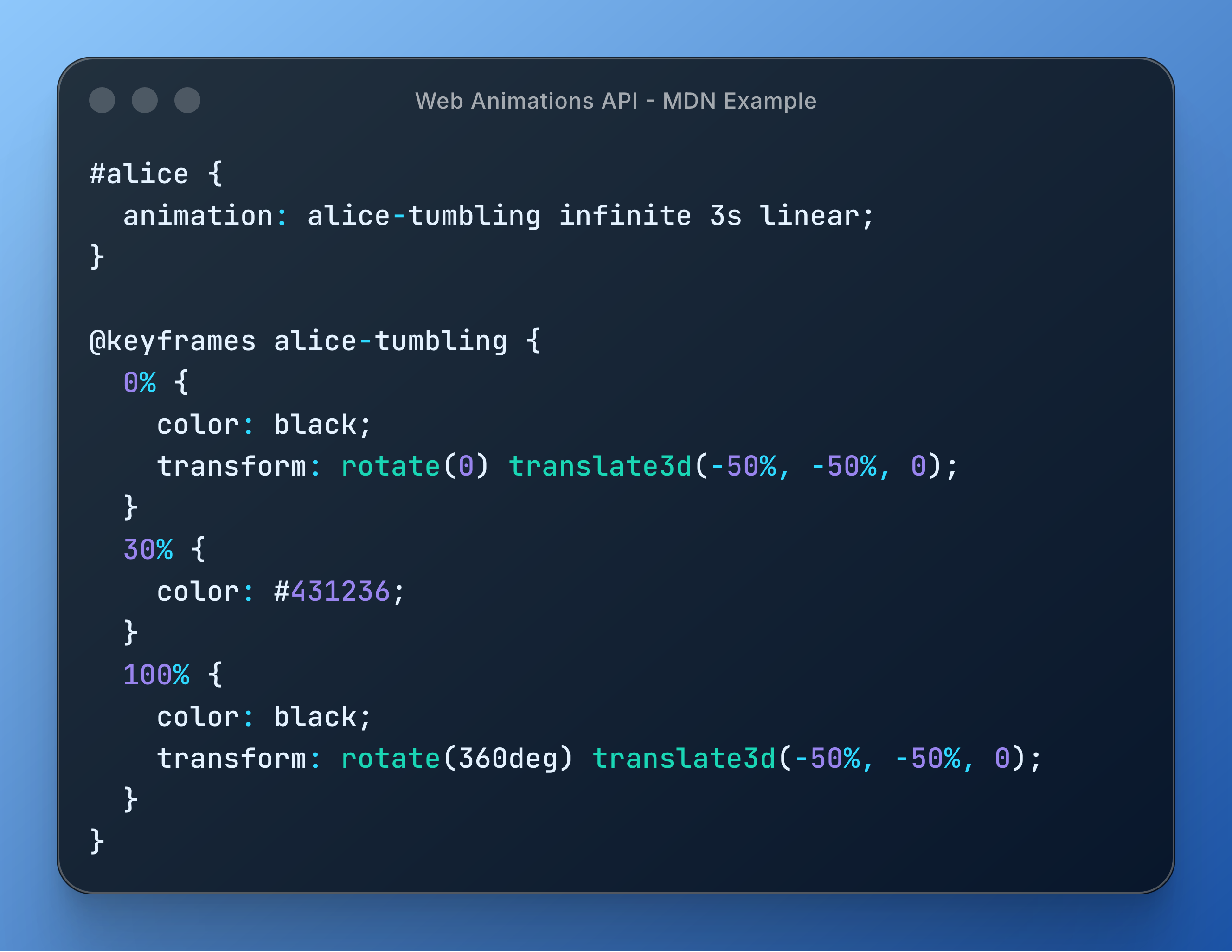 Code snippet demonstrating a CSS animation using the Web Animations API with keyframes for color and 3D transformations.