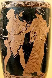 Red-figure vase painting of Hermes with a woman, possibly Herse. The god is depicted as a mature, bearded man, wearing a traveller's cloak (chlamys) and a traveller's hat (petasos). His iconic kerykeion staff identifies him as Hermes. He seems to hold the woman's hand and reach for her shoulder.