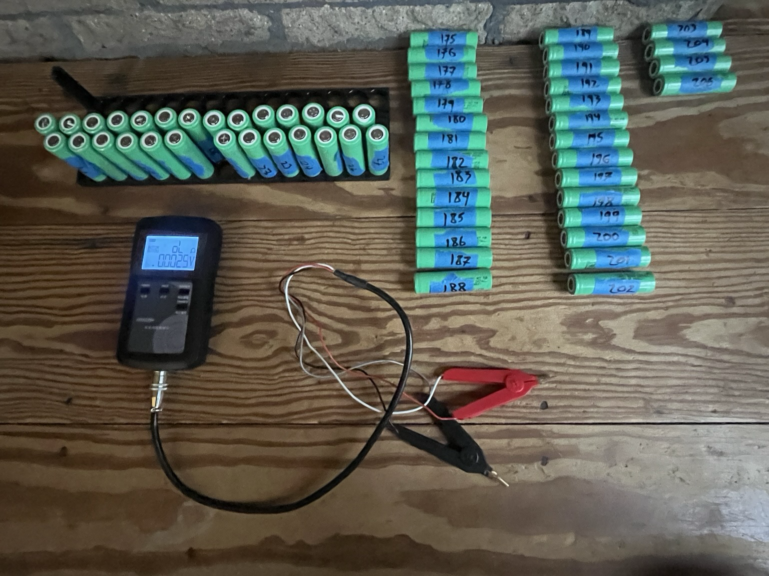 Plastic cell holder with 2 rows of 18650 cells standing in it. A internal resistance measuring tool with alligator clip probes. A few rows of 18650 cells lying long ways.