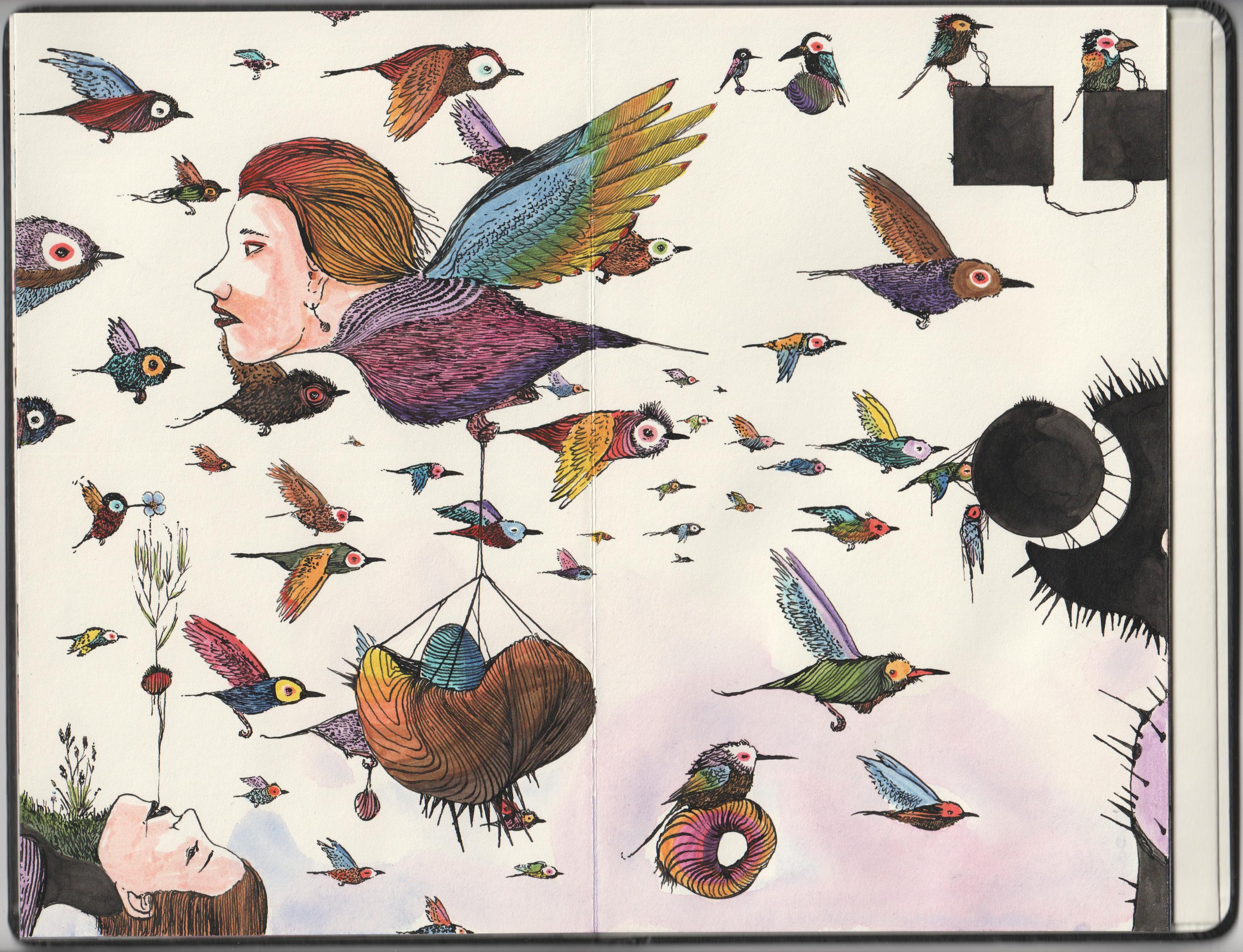 Une nuée d'oiseaux de toutes tailles et multicolores
