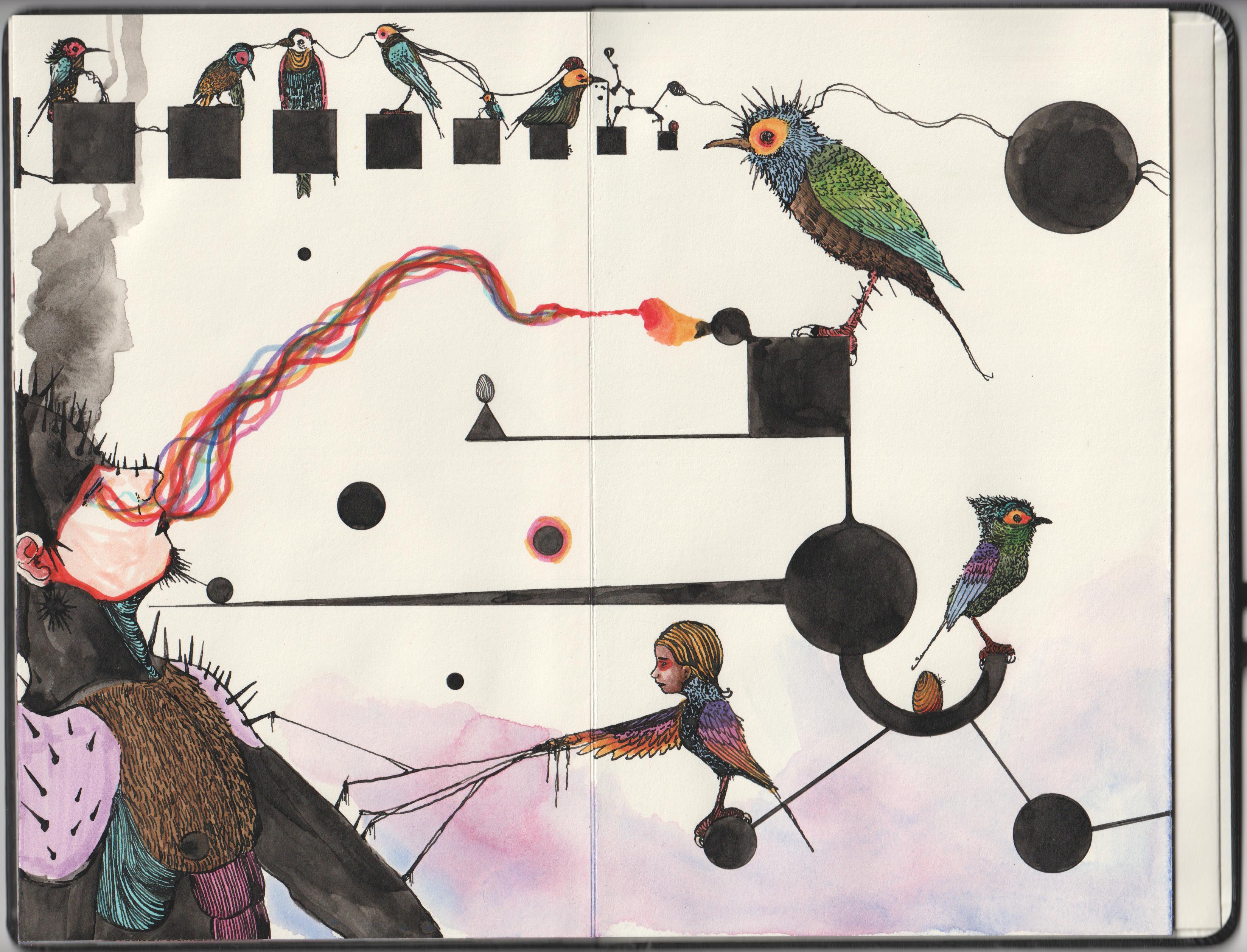 Un personnage à piquants menacé d'avoir la gorge transpercé par un dispositif piquants et maintenu en équilibre par des oiseaux.