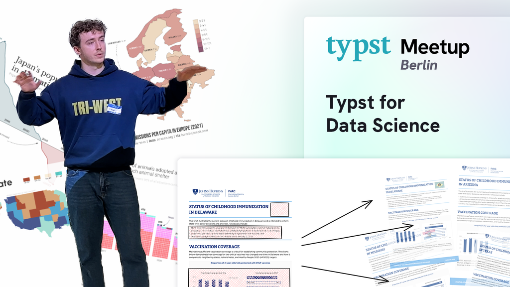 Video thumbnail: Joseph in front of charts and maps, with an illustration showing how a template's gaps are filled. The caption is "Typst for Data Science"