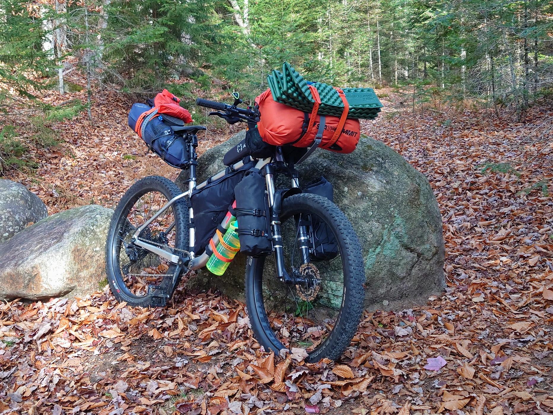 Bike rigged for multi-day wilderness bikepacking in the Adirondack forest preserve of New York State.