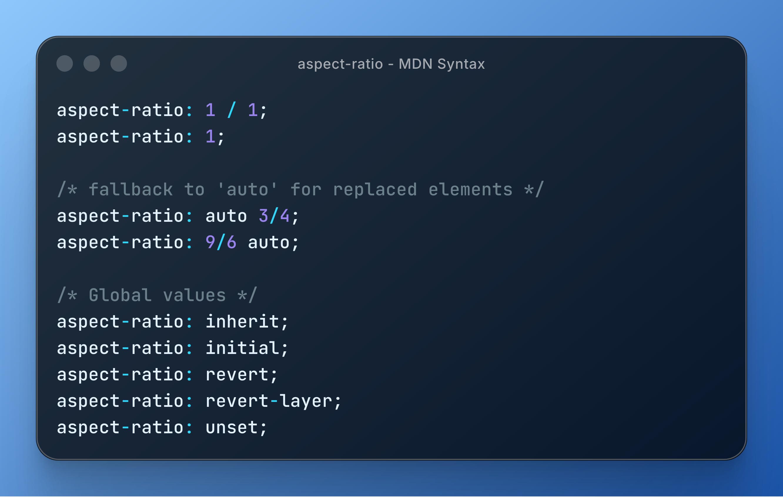 A code snippet displays various CSS aspect-ratio settings, including fallback and global values, set against a blue background.