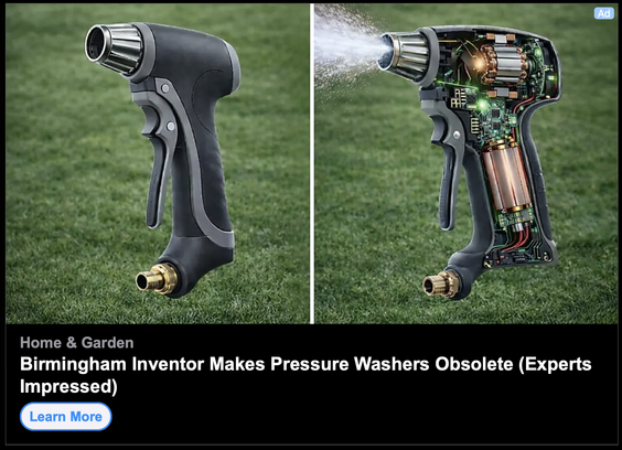 Advert for a pressure washer which includes a, presumably AI-generated, cross-section.