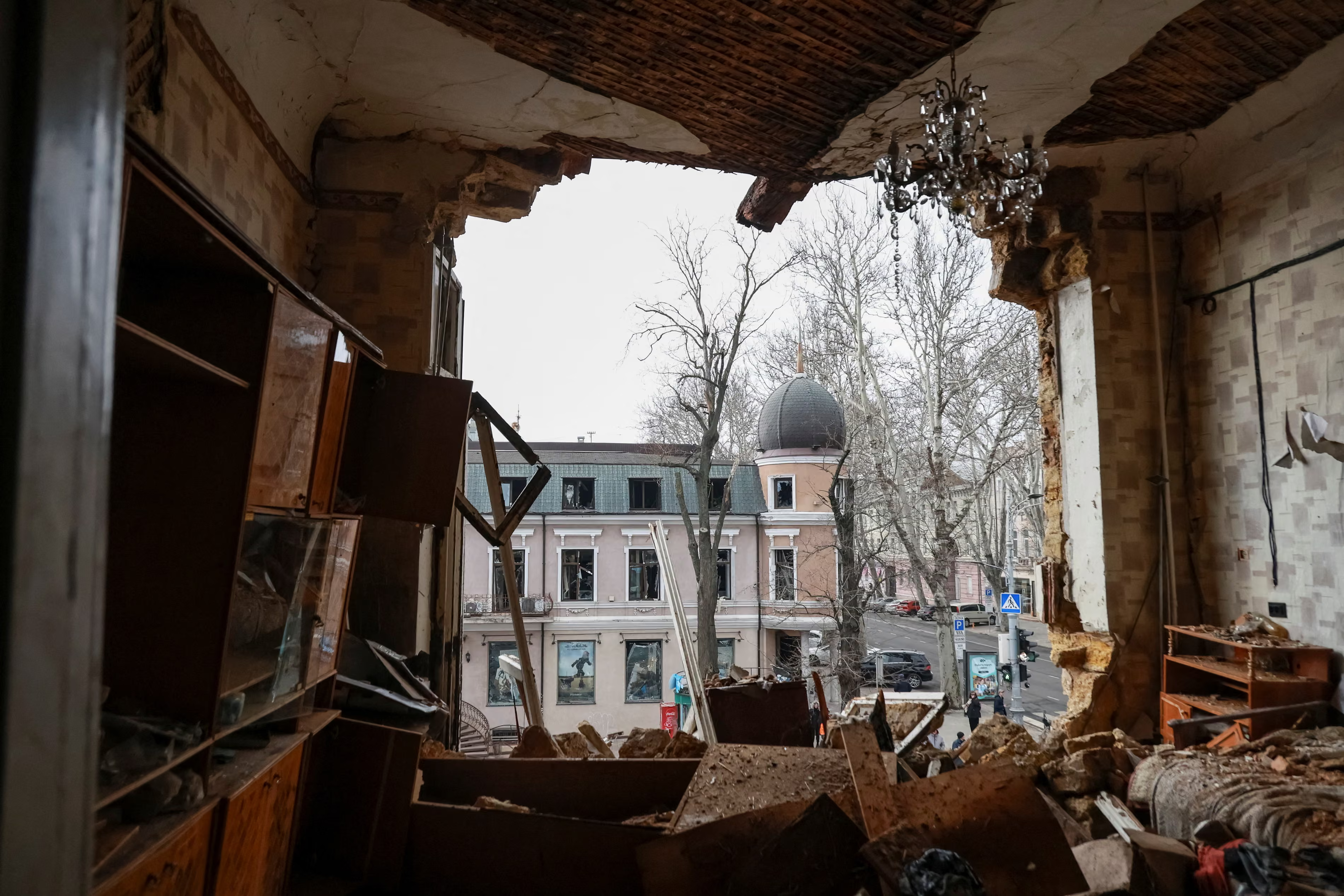The aftermath of a Russian drone strike on a residential building.