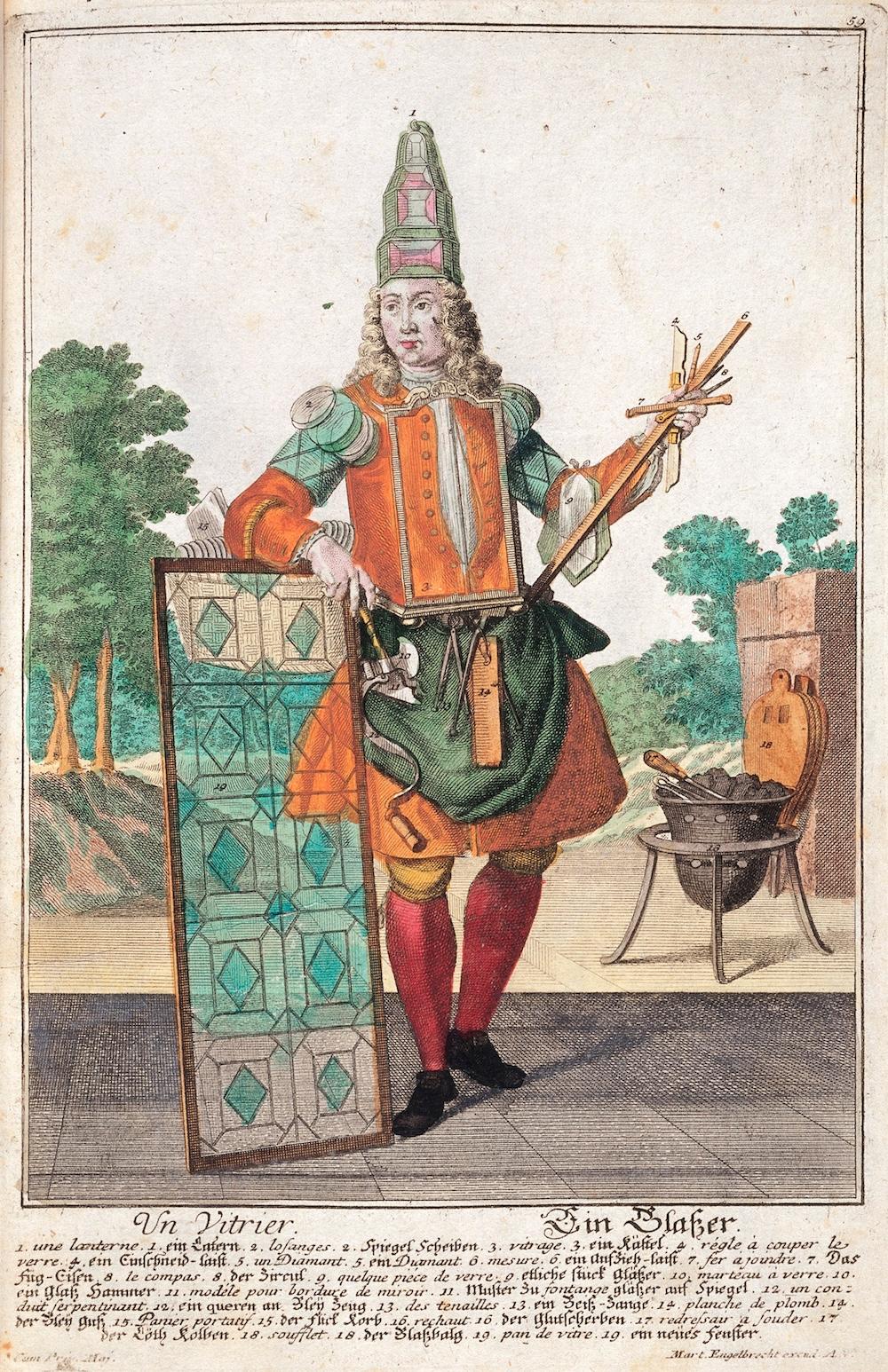 A colorful 18th-century engraving titled "Un Vitrier / Ein Glaszer" (A Glazier), depicting a French or German master glazier in elaborate period costume.
The figure stands confidently, wearing a distinctive stacked geometric hat (itself shaped like architectural glass panels), an orange and green doublet, red stockings, and black shoes. He carries:
A large leaded glass panel on his left, featuring diamond and square patterned panes in teal/turquoise
A bundle of tools in his right hand (rulers, cutting implements)
Various glazing tools hanging from his belt
In the background to the right sits a brazier/forge on a tripod stand, used for heating lead and soldering tools.
The numbered caption at the bottom lists the glazier's tools in both French and German, including:
une lanterne / ein Latern (a lantern)
losanges / Spiegel Scheiben (diamond panes / mirror glass)
vitrage / ein Käftel (glazing / a box)
régle à couper le verre / ein Einschneidlaust (glass-cutting ruler)
un Diamant / ein Dumant (a diamond cutter)
...and so on through item 19.
This image is from the Wellcome Collection and represents a classic example of early modern trade illustration, celebrating skilled craftsmen through allegorical, highly decorated portraiture.