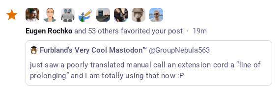 A screenshot of a notification showing that Gargron himself favorited my "line of prolonging" post.