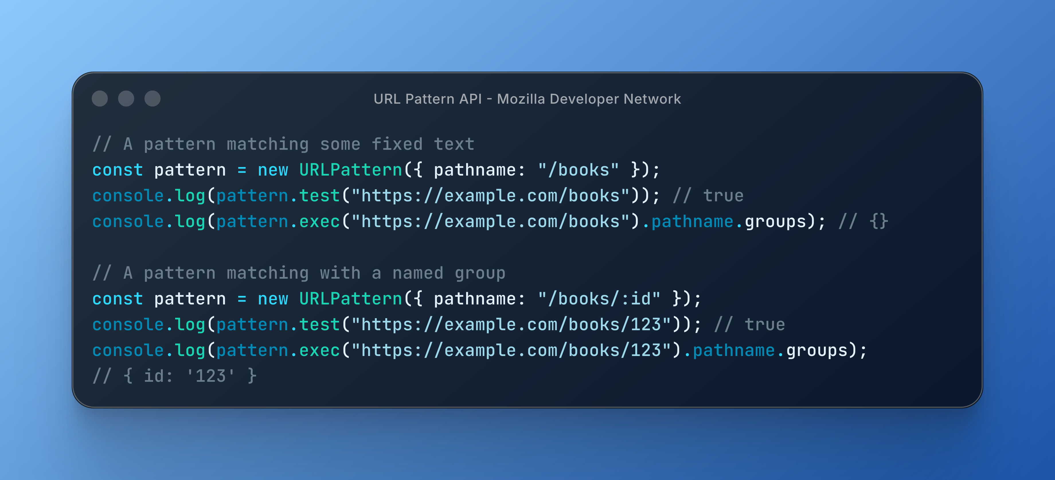 Dark-themed code snippet showing URLPattern examples on MDN: two JavaScript blocks matching "/books" and "/books/:id" with console.log outputs.