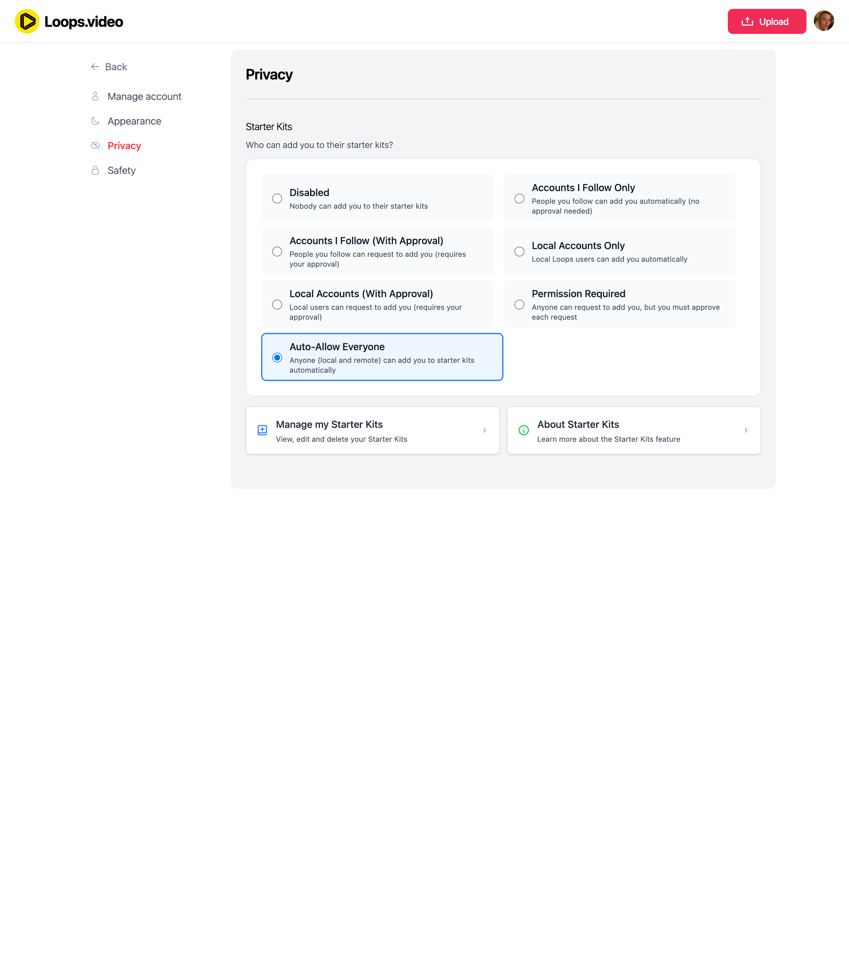 Loops Starter Kits Privacy Settings
