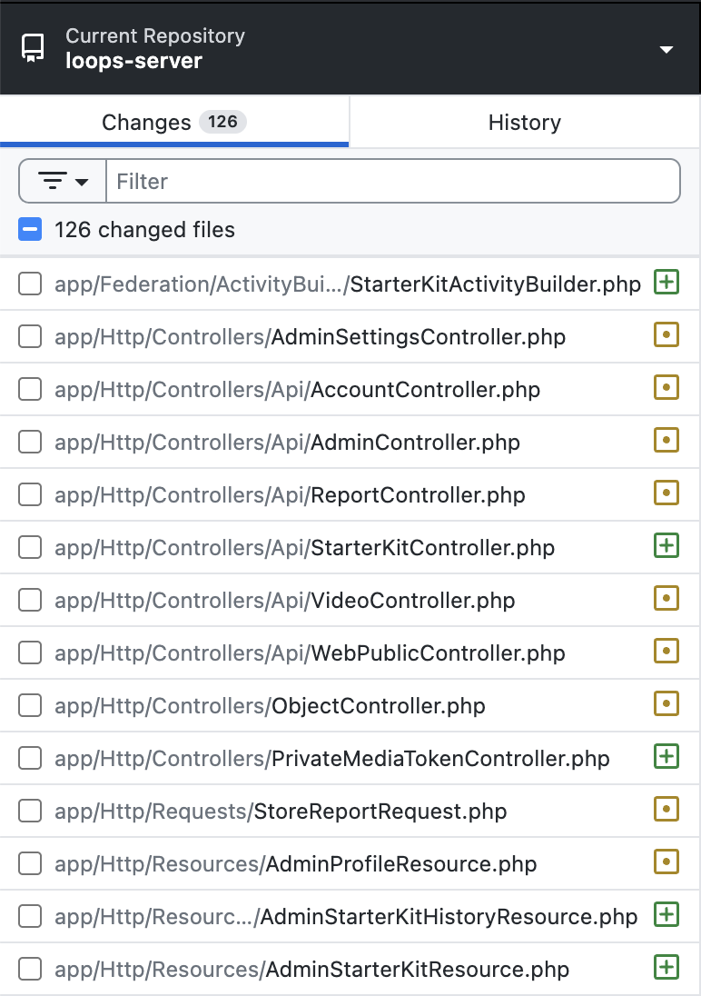 Loops GitHub app showing 126 git changed files