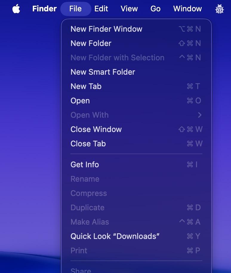 Finder's File menu in Tahoe with no icons