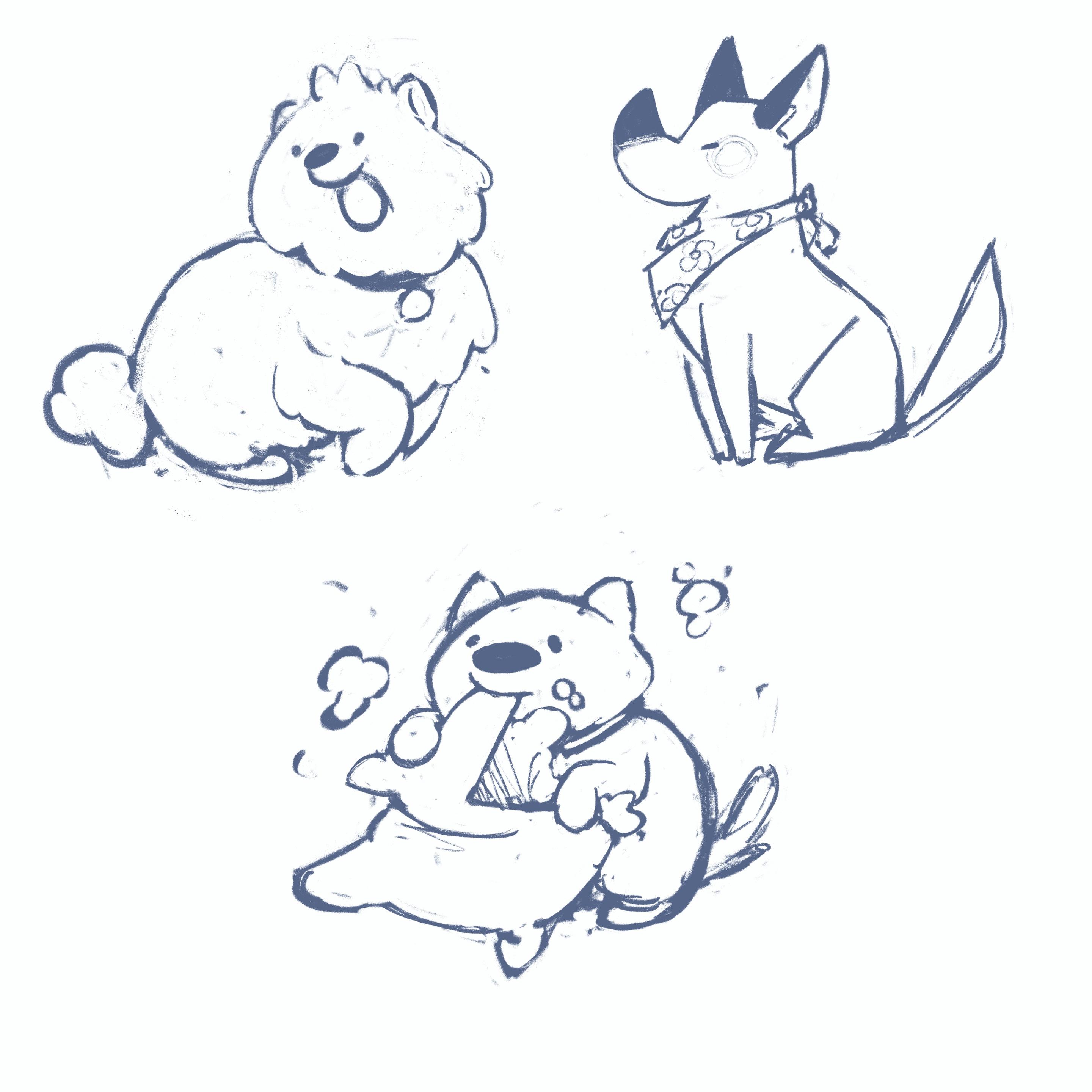 3 digital doodles of dogs. Top left is a very fluffy and happy one; top right is a very proud, slightly angular dog with a flowery bandana around its neck; bottom is a cute puppy annihilating a pillow.