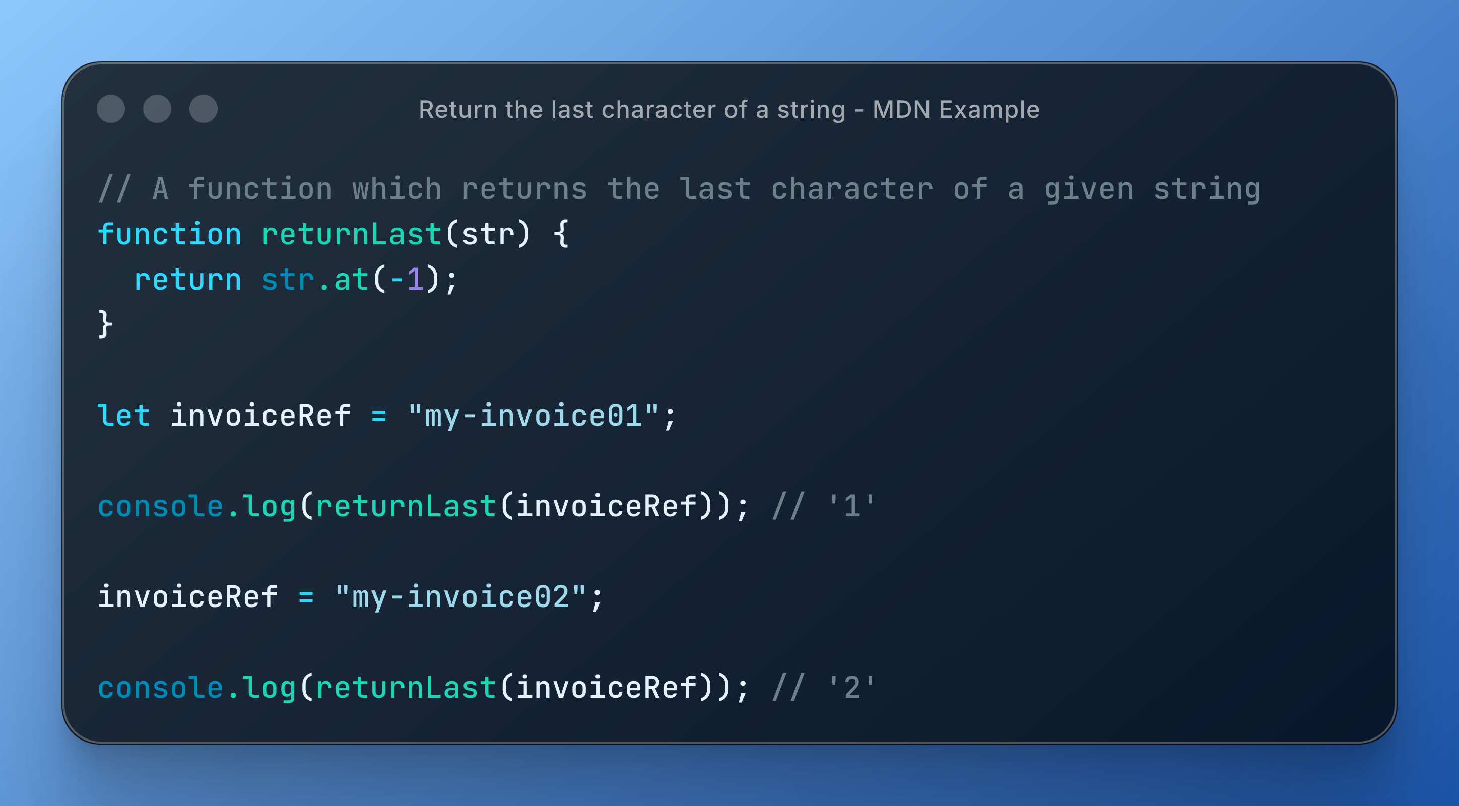 A code snippet demonstrates a function that retrieves the last character of a string using the `.at()` method.