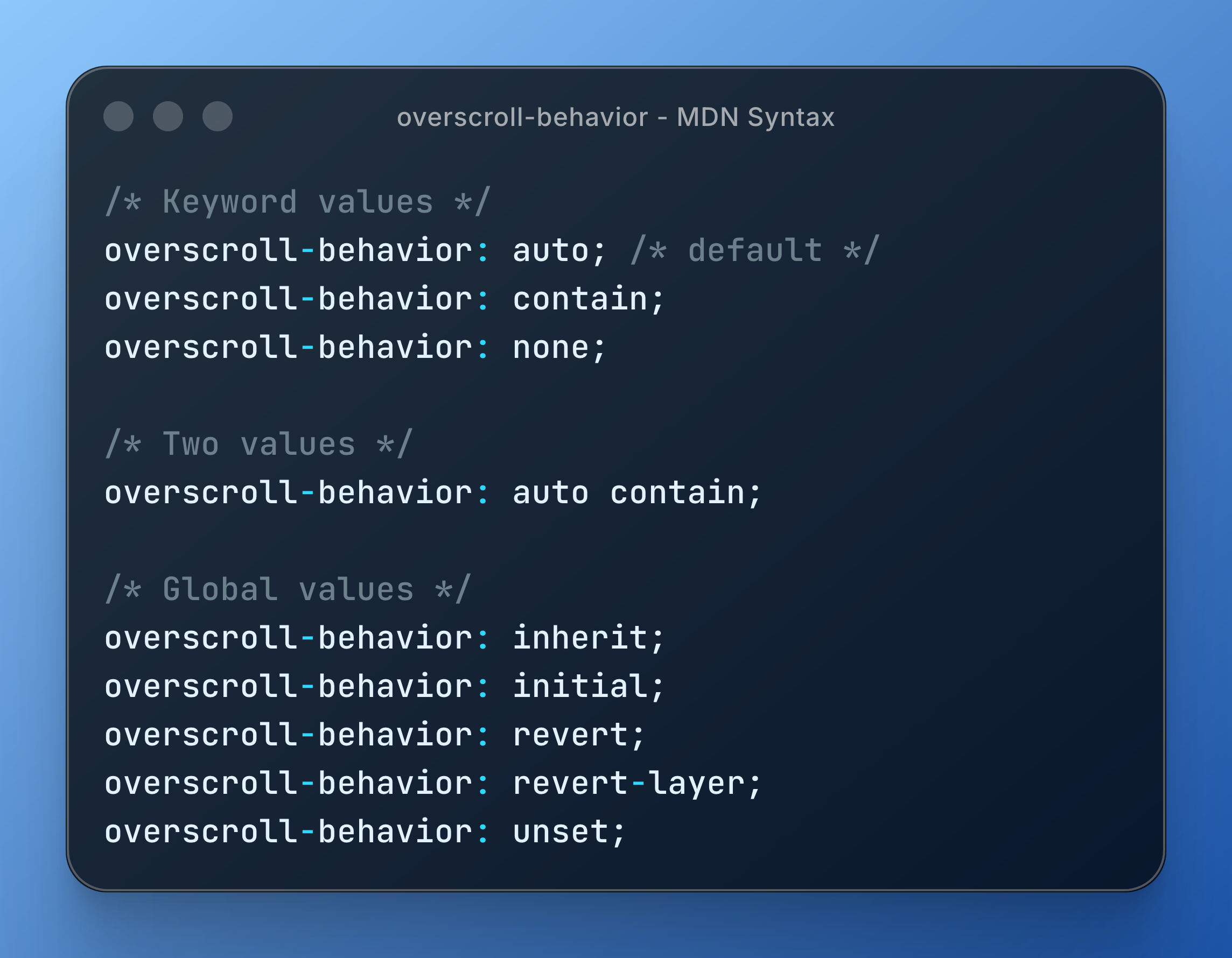 Code snippet displaying the CSS property "overscroll-behavior" with various keyword, two-value, and global value options on a blue background.