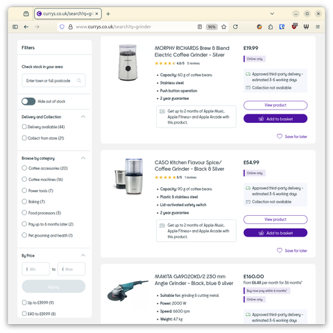 While searching for coffee grinders, I wasn't specific enough. One of these kids is doing their own thing.

The image shows a web page of search results, with two coffee grinders, and one angle-grinder.