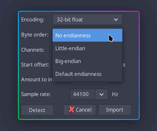 A dropdown where byte order can be selected. The options are little-endian, big-endian, default endianness and No endianness.