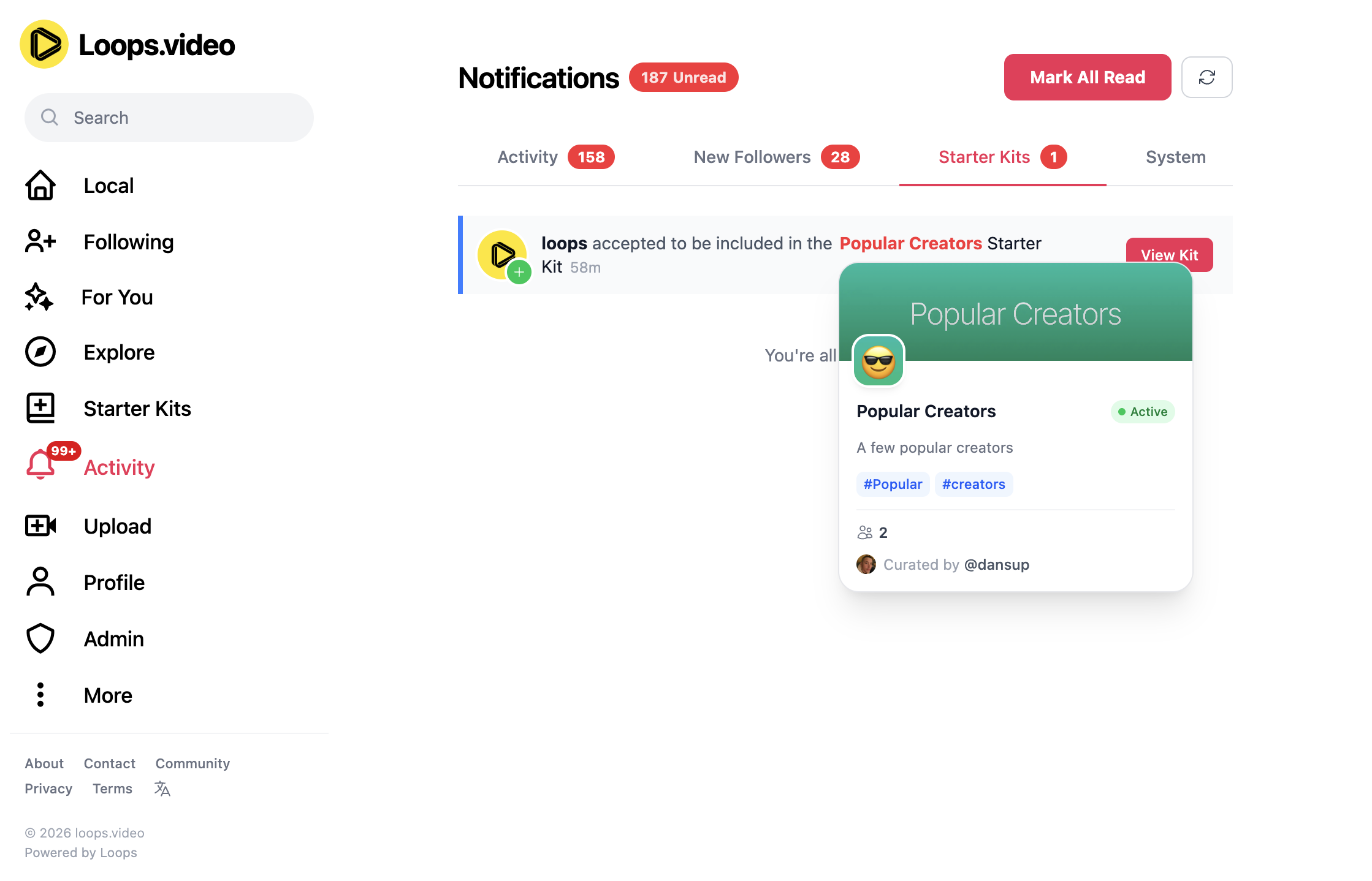 Loops Notifications Starter Kits tab