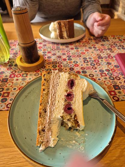 A delicious cake on a green plate