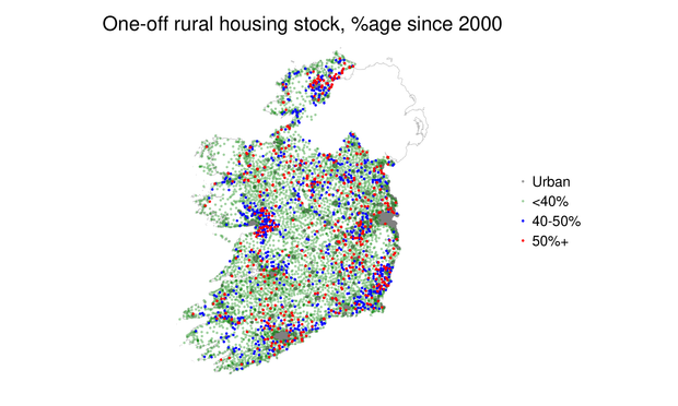 Map of Ireland with dots for each of 19k Small Areas, showing whether >40 or >50% of the housing stock was build since 2000. Some remarkable clusters.