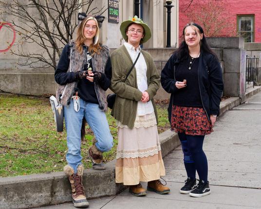 Three people,  one blonde with animal ears,  another in the middle wearing a green hat and a long dress and another on the right with mostly dark clothes except for a dark red skirt