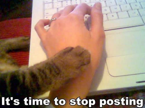Old meme of hand on keyboard with a cat paw on the hand and the caption “It’s time to stop posting”