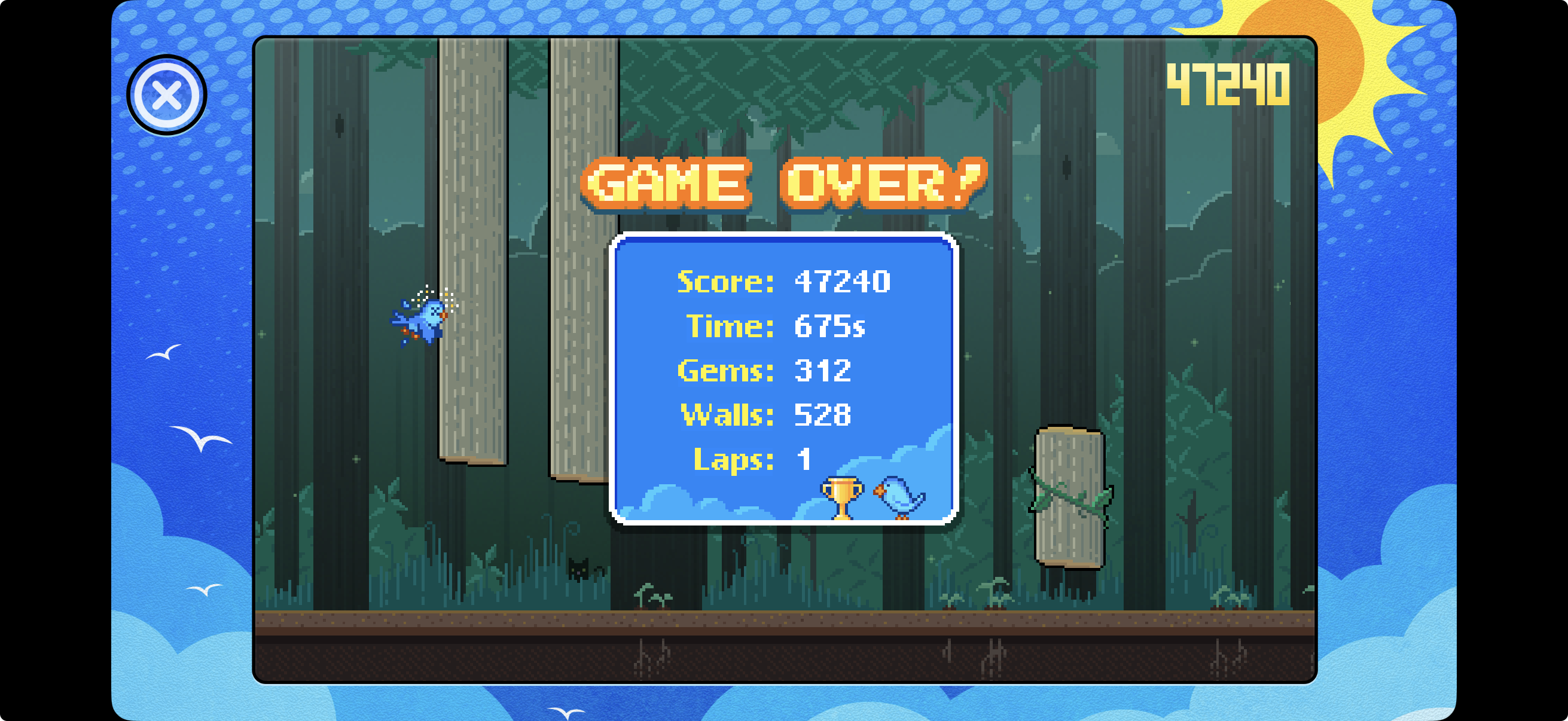 Score sheet of an Ollie’s Flight run; score: 47240, time: 675 seconds, gems: 312, walls: 528, laps: 1