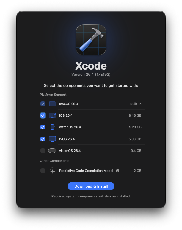 The Xcode "select the components you want to get started with" dialog box, with macOS, iOS, watchOS, and tvOS checked off, but visionOS and "Predictive Code Completion Model" unchecked.