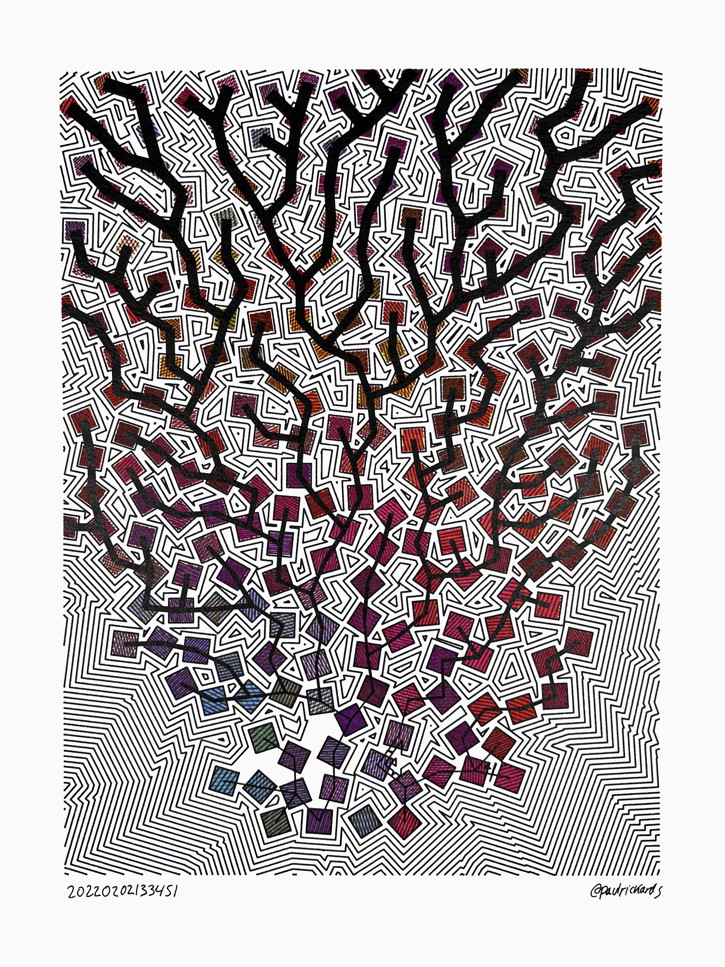 An abstract pen plot on white paper in portrait orientation of a series various sized shaded squares distributed on the page that are connected with a progressively thicker black lines as if branches of a tree, all surrounded by thin black evenly spaced outlines all around.