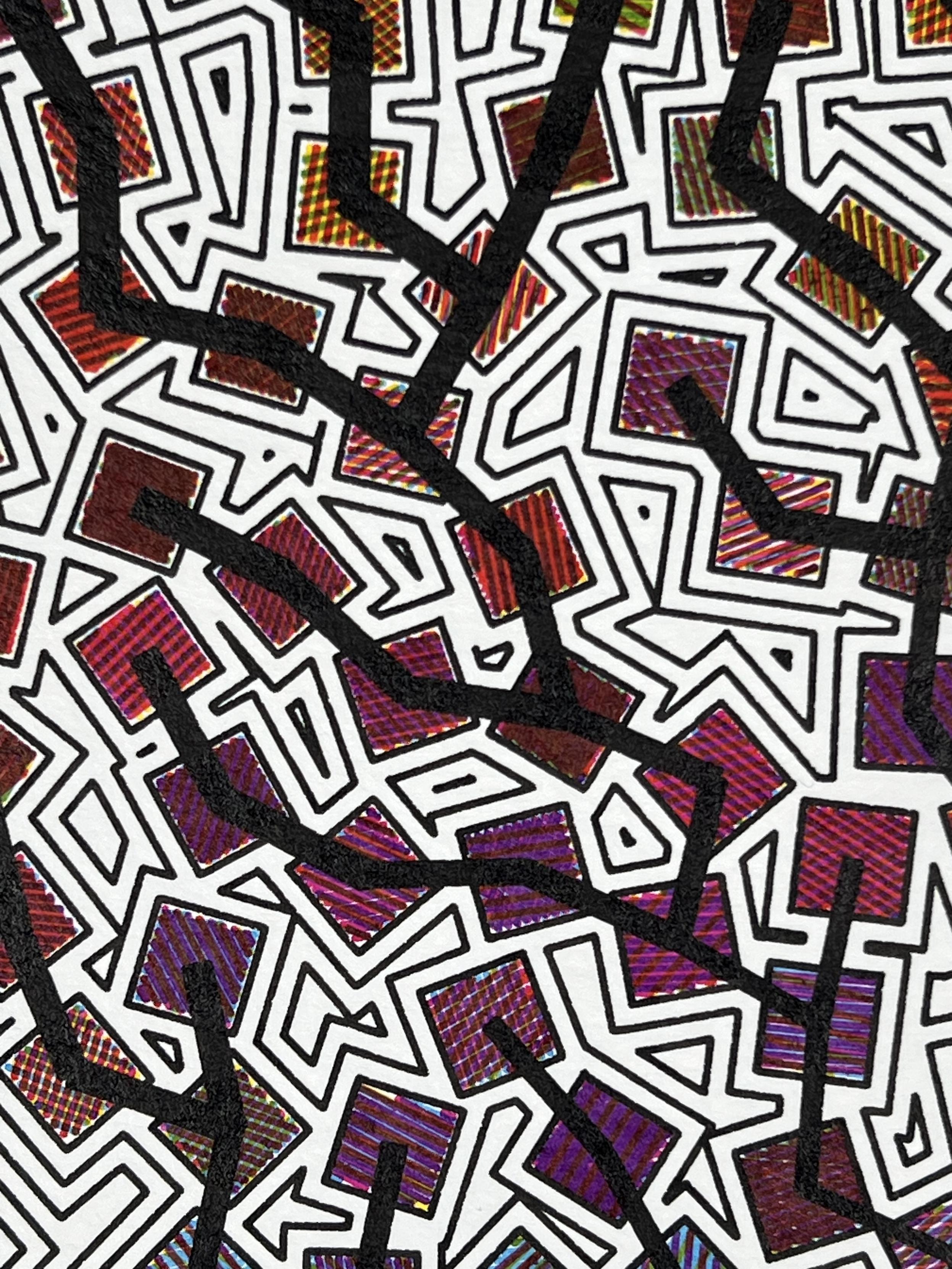 Detail from an abstract pen plot on white paper in portrait orientation of a series various sized shaded squares distributed on the page that are connected with a progressively thicker black lines as if branches of a tree, all surrounded by thin black evenly spaced outlines all around. The detail shows the hatch shading is made up of individual pen strokes of cyan, yellow, and magenta.