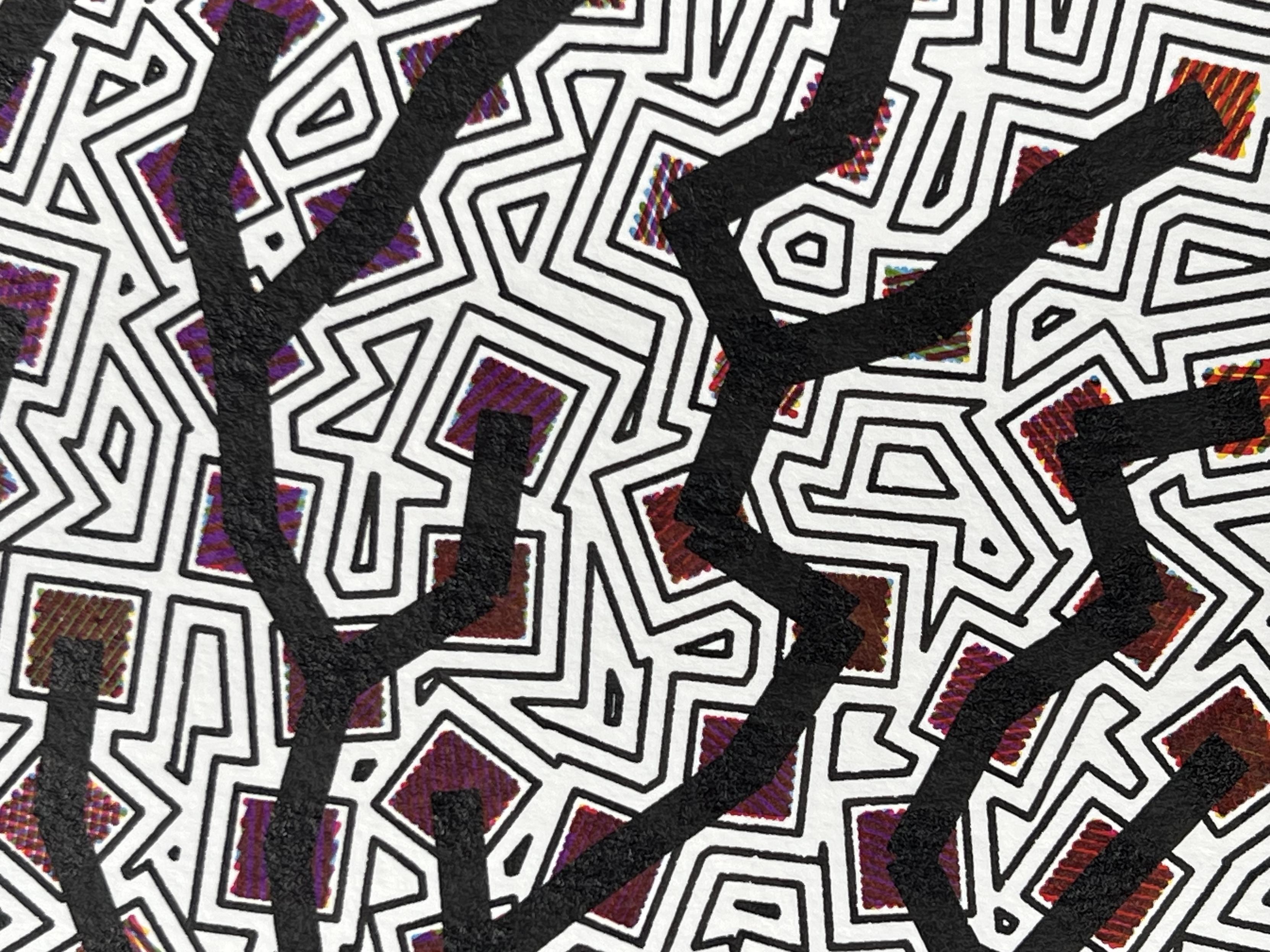 Detail from an abstract pen plot on white paper in portrait orientation of a series various sized shaded squares distributed on the page that are connected with a progressively thicker black lines as if branches of a tree, all surrounded by thin black evenly spaced outlines all around. The detail shows the hatch shading is made up of individual pen strokes of cyan, yellow, and magenta.