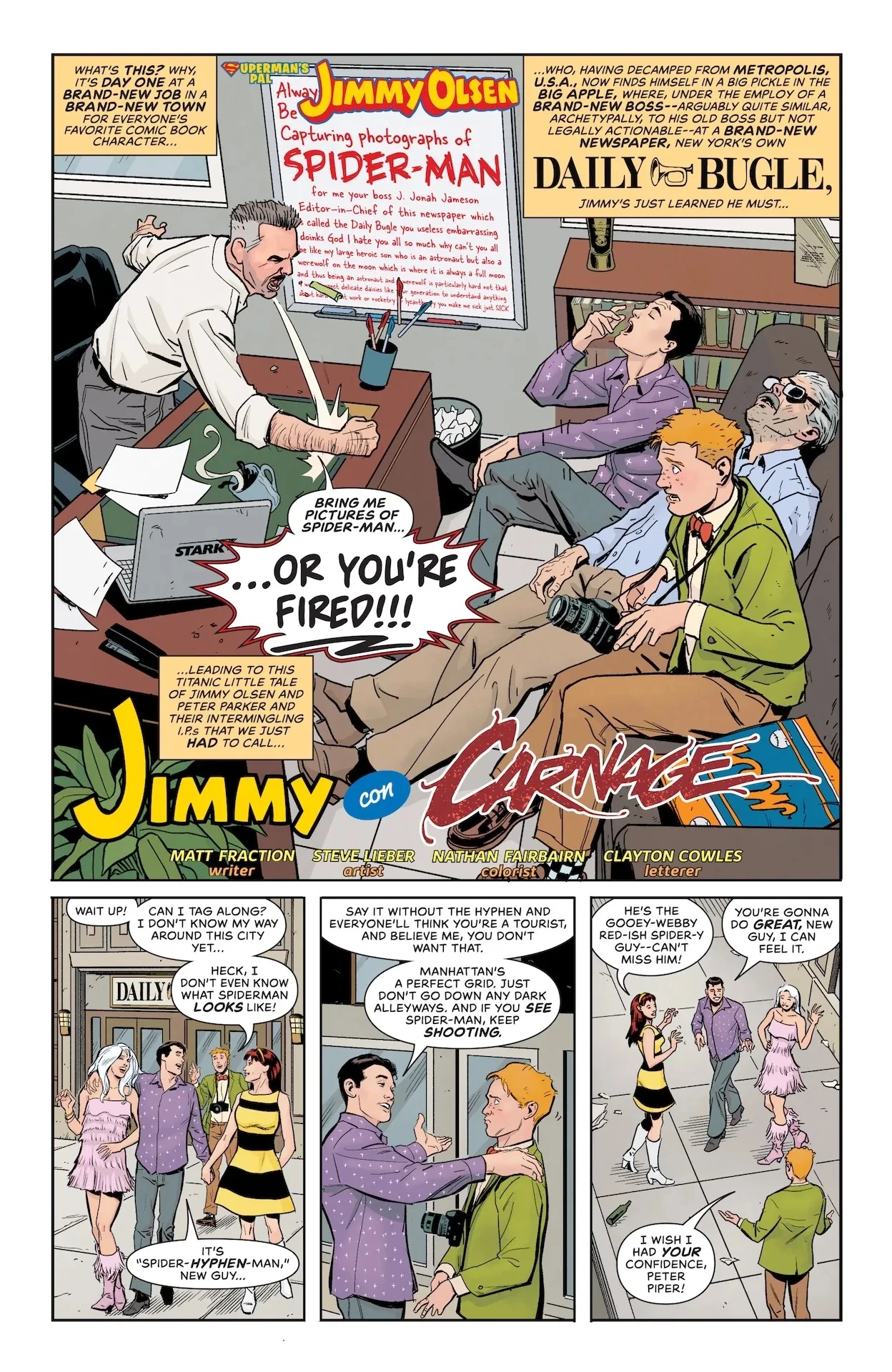 The first page of Jimmy con Carnage, a Marvel DC crossover story written by Matt Fraction, drawn by me with valuable background assistance by Tom Rogers, color by Nathan Fairbairn, and lettering by Clayton Cowles.
