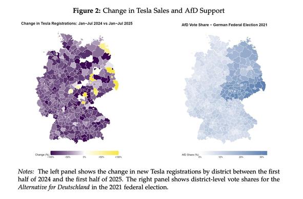 Two maps of Germany at district level: The left panel shows the change in new Tesla registrations by district between the first half of 2024 and the first half of 2025. The right panel shows district-level vote shares for the Alternative for Deutschland in the 2021 federal election.