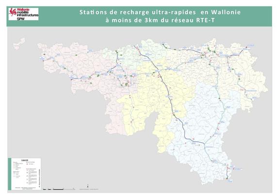 Map of Wallonia showing the main transport corridors with HPC chargers